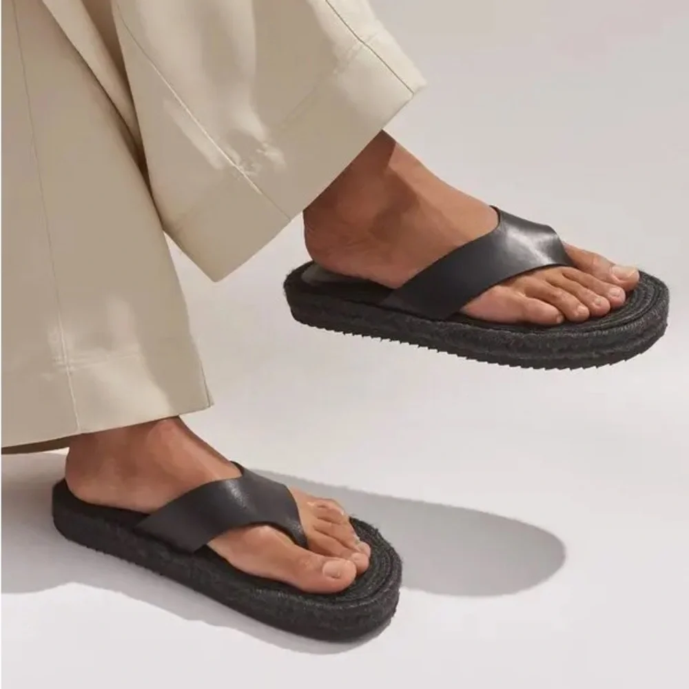 ME+EM Black Leather Espadrille Toe-Post Sandals